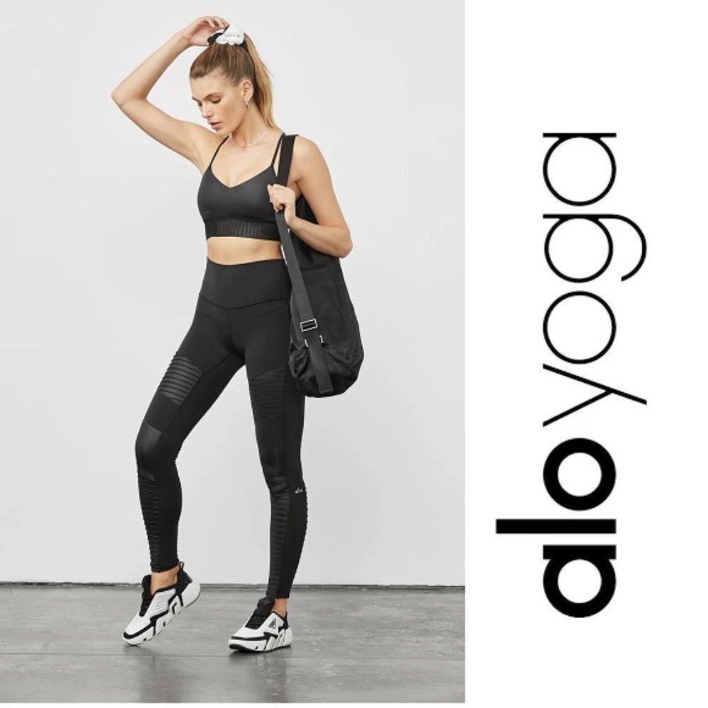 ALO Yoga Moto Legging High Rise Womens S Black Mesh $118 7/8 Length Athleisure